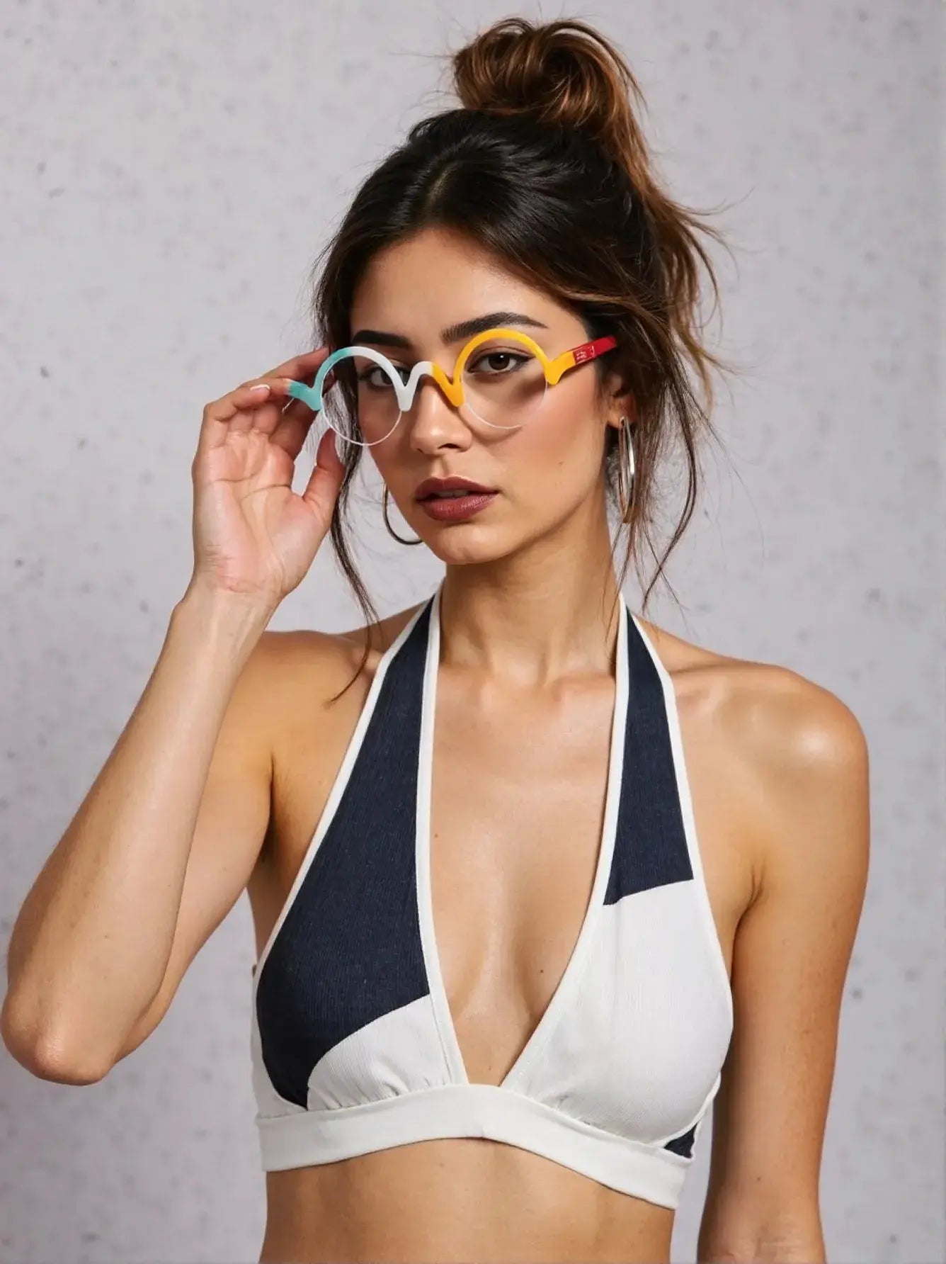 Swimwear model wearing VoyueLens™ Ivory-Orange semi-rimless browline eyeglasses, demonstrating stylish matte frame fit.